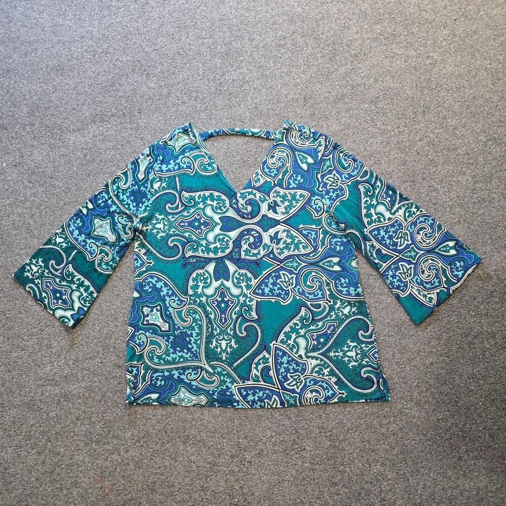 Chicos Top 14 Blue Green Paisley Flare Sleeve Travelers Stretch No Iron Casual